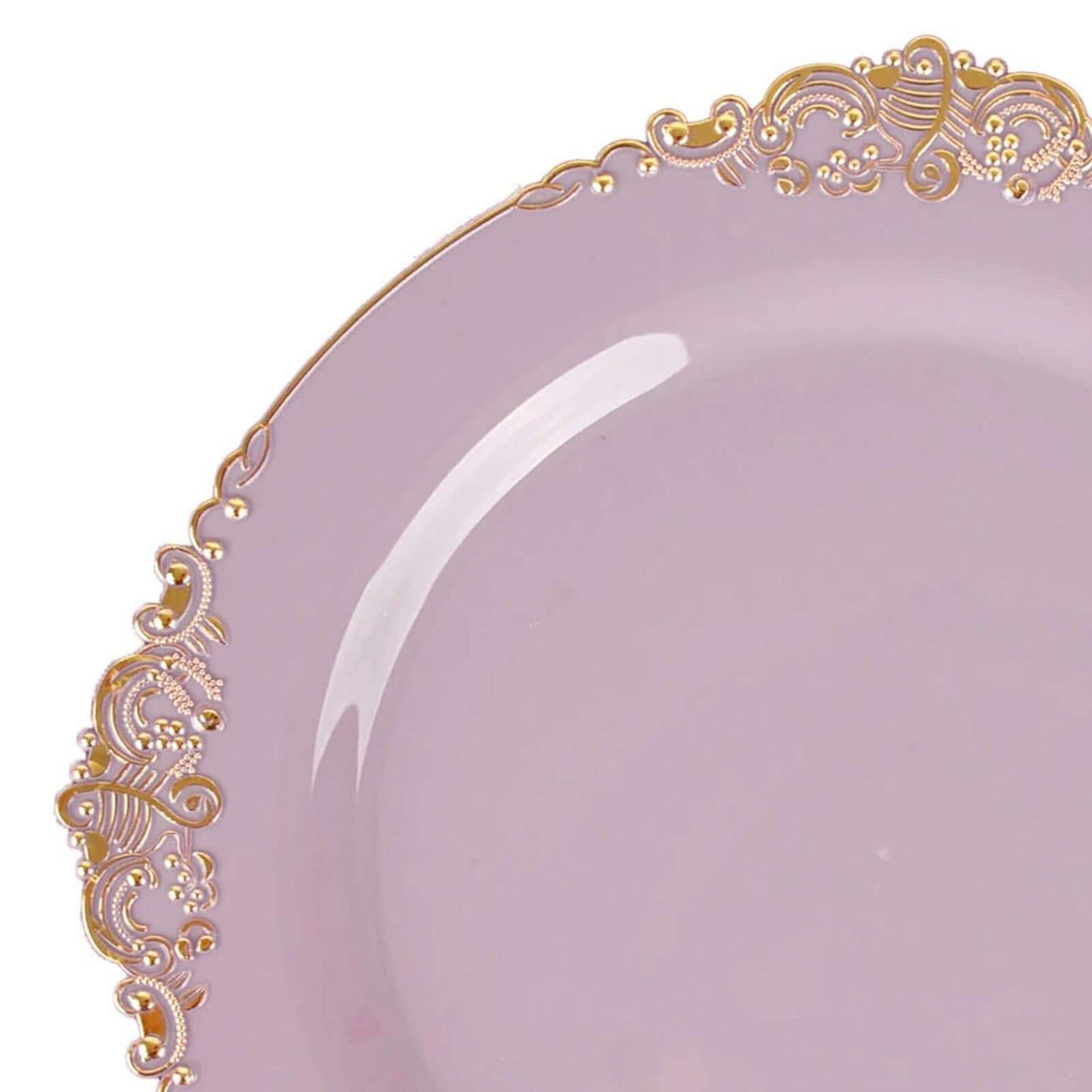 10-Pack Plastic 8" Round Dessert Plates in Lavender Lilac with Gold Leaf Embossed Rim - Disposable Vintage Baroque Style Salad Plates