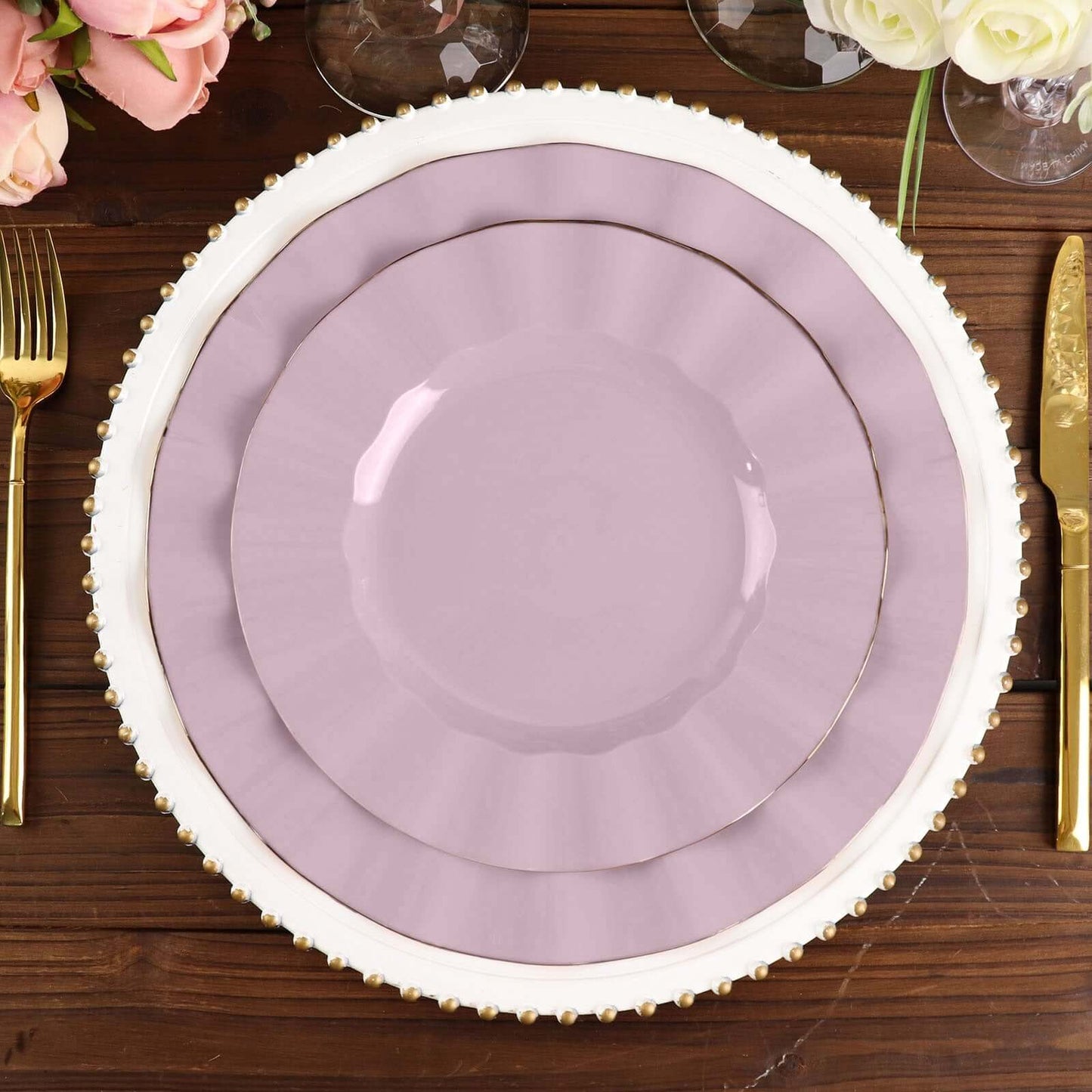 10-Pack Plastic 11" Round Dinner Plates in Lavender Lilac Ruffled Rim with Gold Edging - Sturdy Disposable Dinnerware