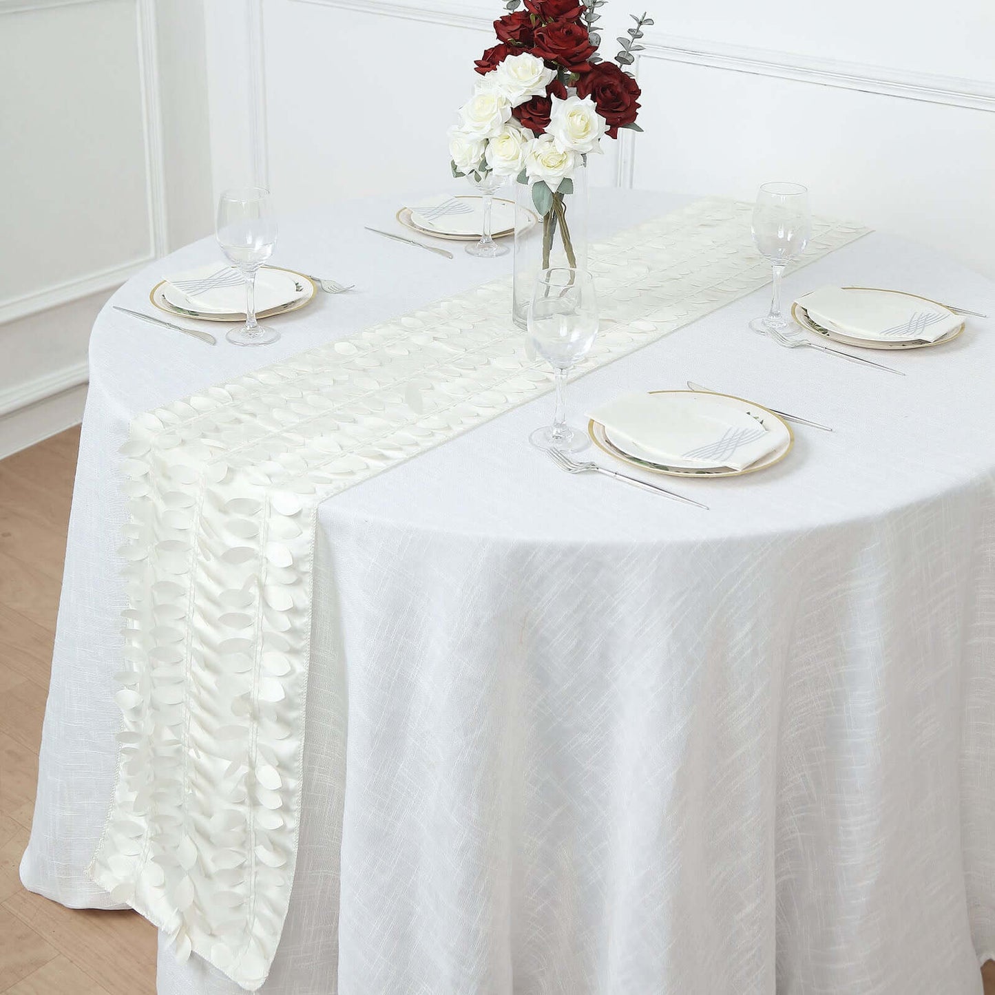Taffeta Fabric 12"x108" Table Runner Ivory - 3D Leaf Petal Design