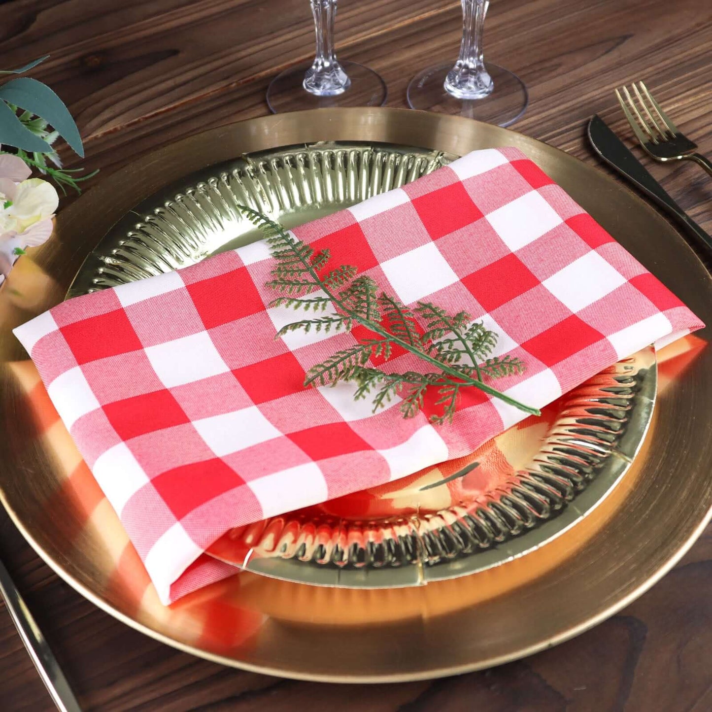 5 Pack Polyester 15"x15" Napkins Red/White Buffalo Plaid Gingham Style Cloth Napkins