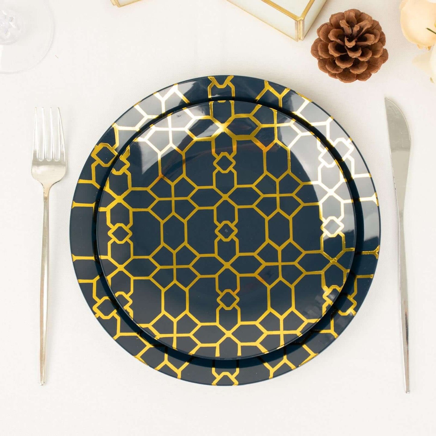 20-Pack Set Plastic Round Dinner and Salad Plates in Navy Blue with Geometric Gold Print - Modern Disposable Dinnerware Set for Weddings & Celebrations 9", 7"