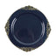 10-Pack Plastic 8" Round Dessert Plates in Navy Blue with Gold Leaf Embossed Rim - Disposable Vintage Baroque Style Salad Plates
