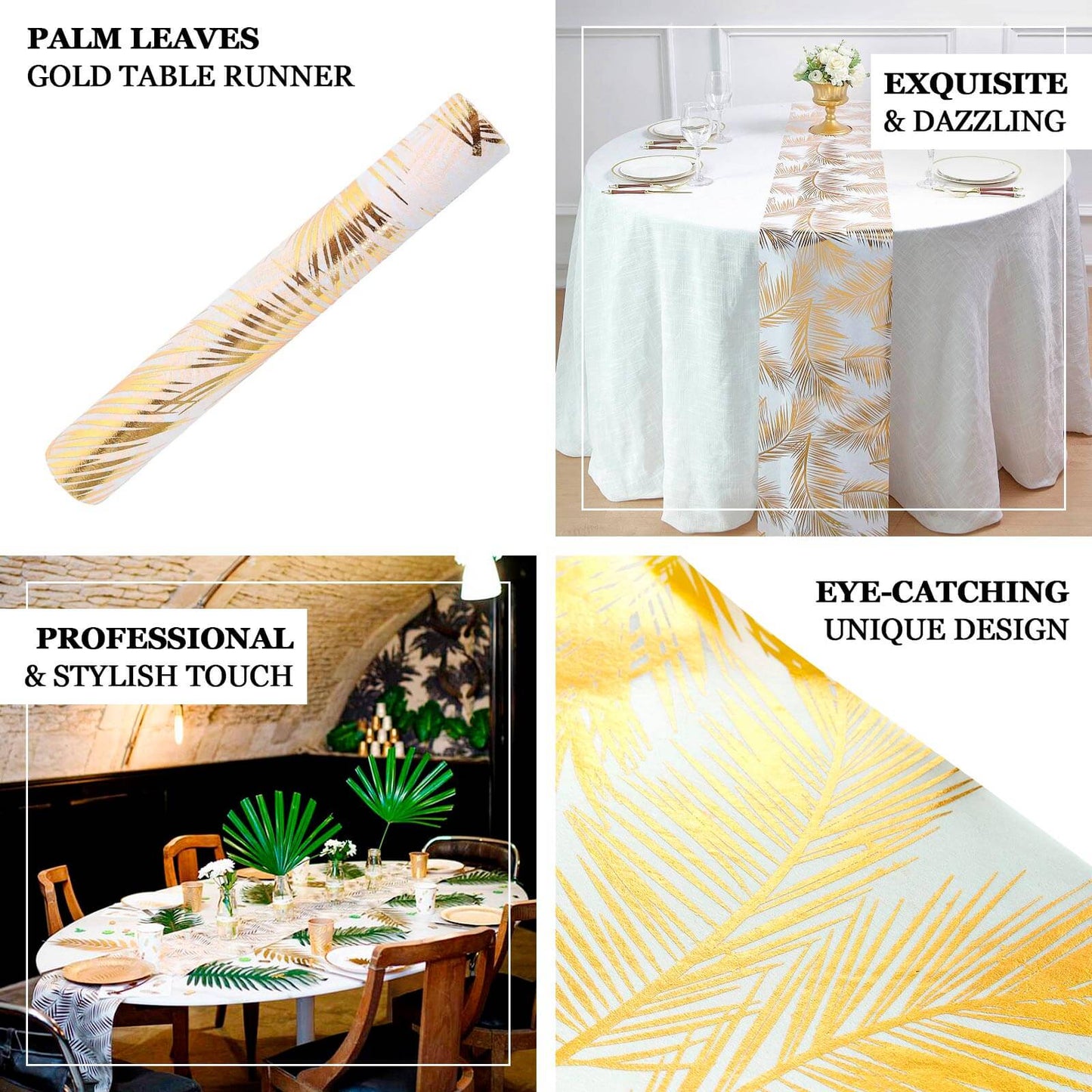 Disposable Table Runner Roll 108" Metallic Gold Foil Palm Leaves Print - Chic Non-Woven Tropical Table Decor for Events