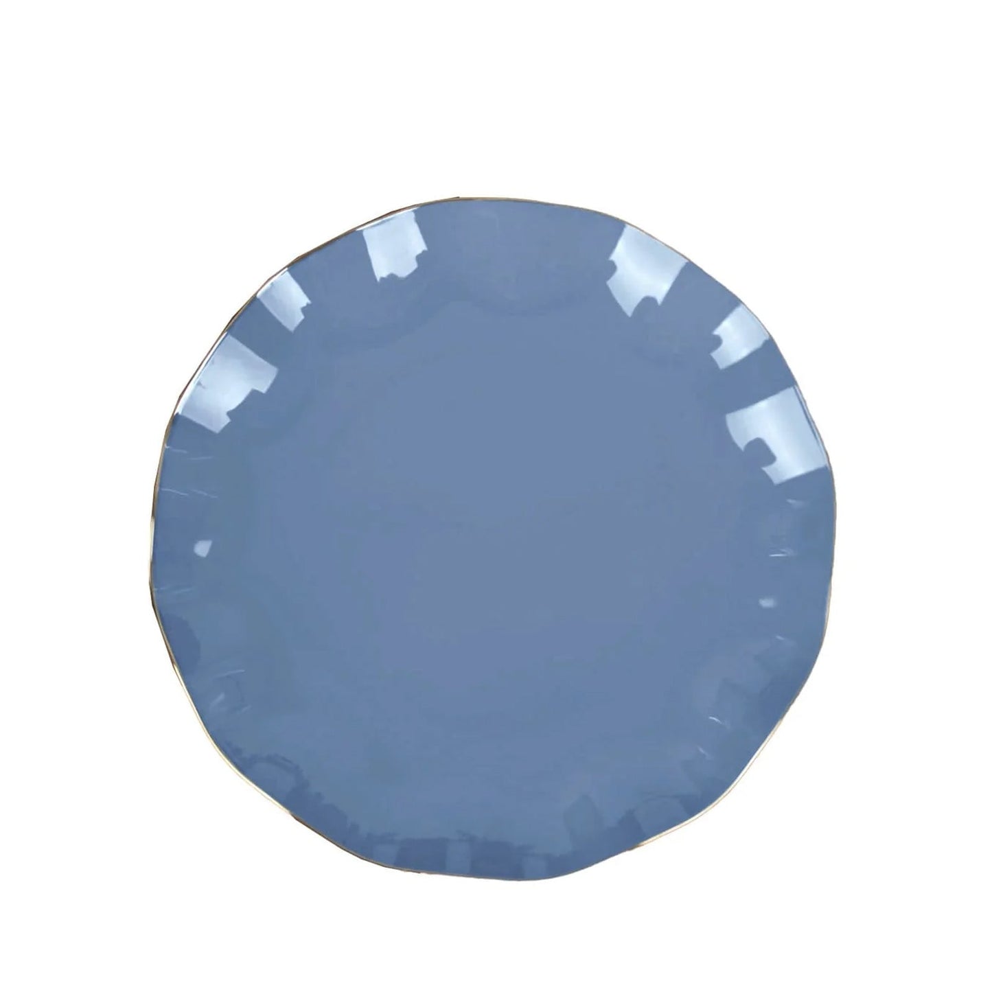 10-Pack Plastic Round 6" Dessert Plates in Ocean Blue Ruffled Rim with Gold Edging - Sturdy Disposable Salad Appetizer Dinnerware