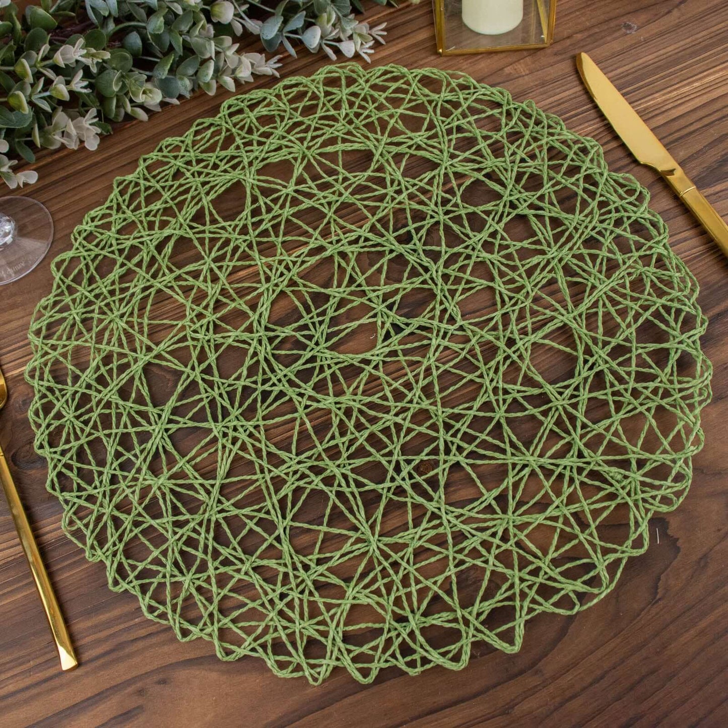 6-Pack Table Placemats Woven Fiber Design Olive Green Round - Disposable Mats for Dining and Events 15"