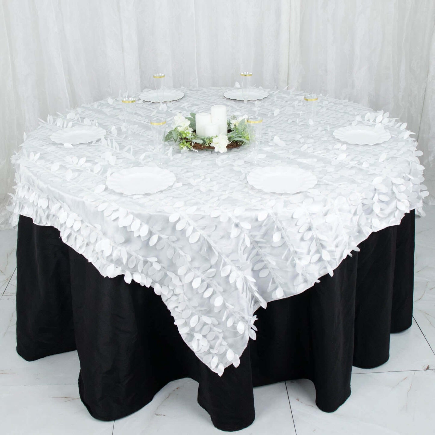 Taffeta 72"x72" Table Overlay Square Tablecloth White 3D Leaf Petal Design for Stylish Celebrations