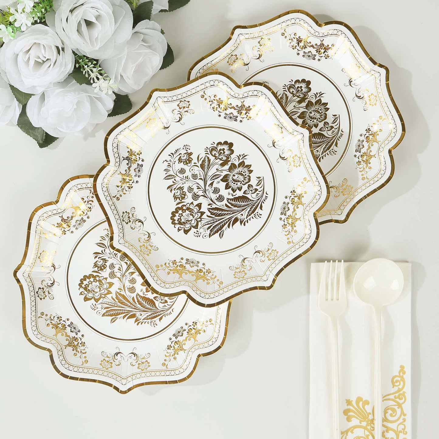 25-Pack Paper Dessert Plates in White with Gold Damask Floral Print & Scallop Rim - Stylish Disposable 300GSM Floral Salad Appetizer Plates for Weddings & Events 8"
