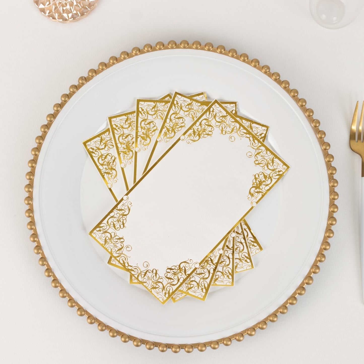 50-Pack Paper Dinner Napkins White with Gold Foil Lace Design 2 Ply - European Style Napkins for Parties 8"x4"