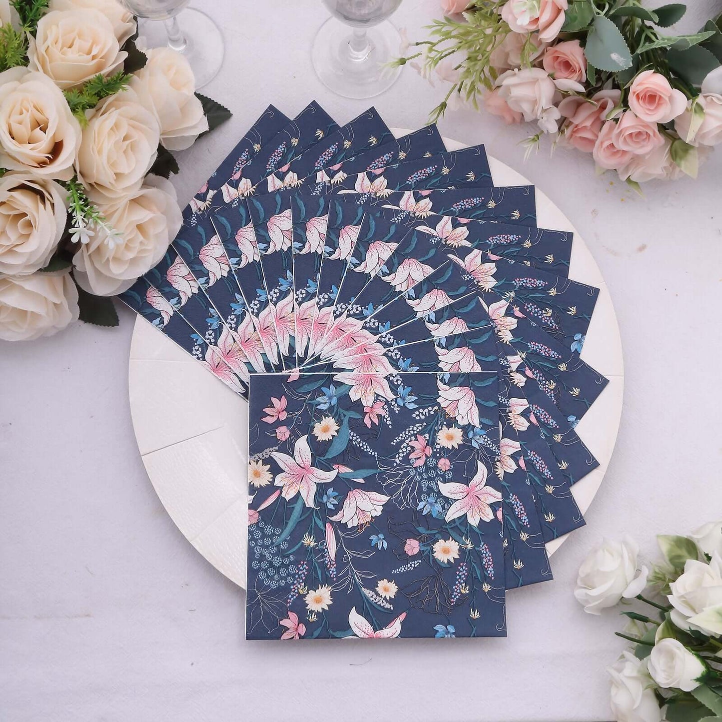 20-Pack Paper Beverage Napkins with Water Lily Floral Design Navy Blue - 2 Ply Soft 18GSM Wedding Napkins 6.5"x6.5"