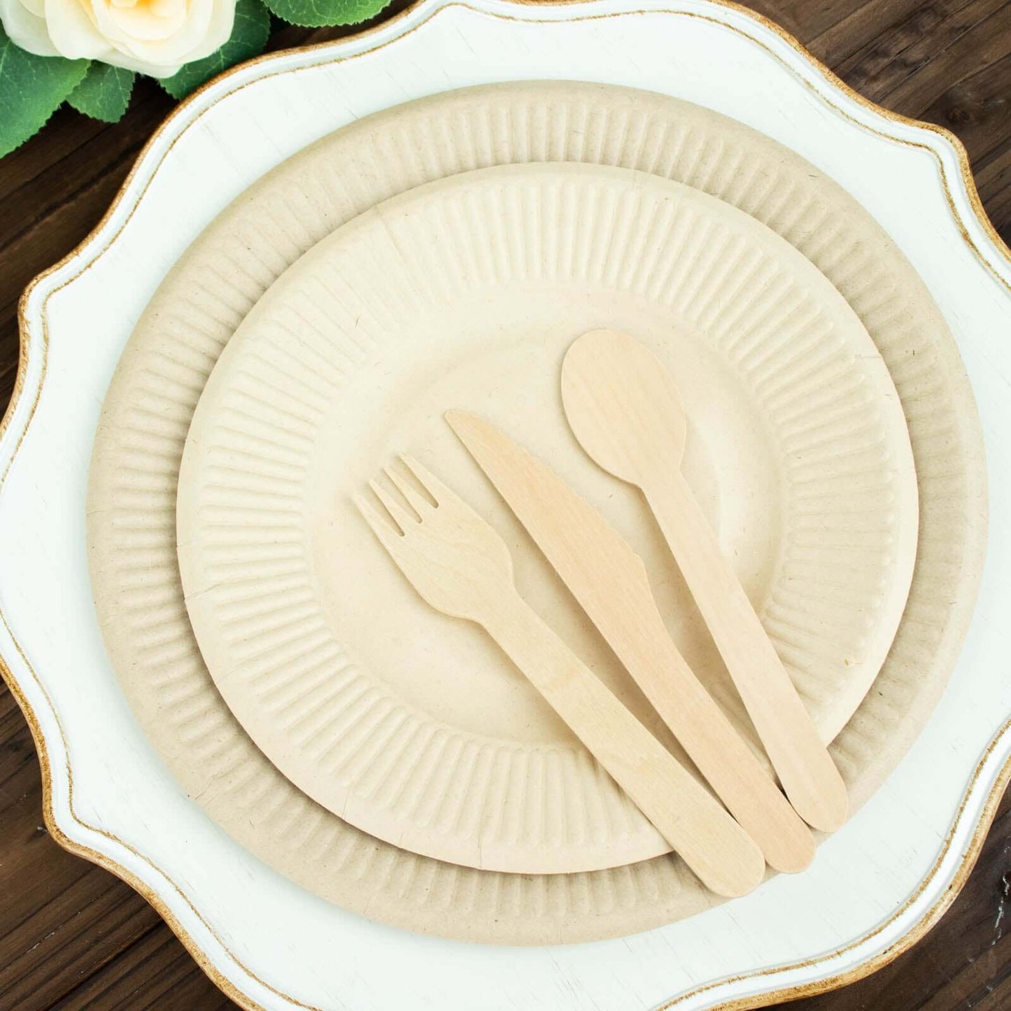 50-Pack Bagasse 10" Round Dinner Plates in Natural with Ribbed Rim - Eco Friendly Biodegradable Sugarcane Party Plates for Events