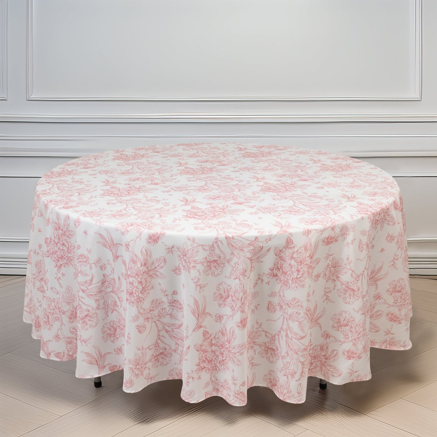 Polyester 108" Round Tablecloth White - Pink French Toile Pattern for Chic Weddings