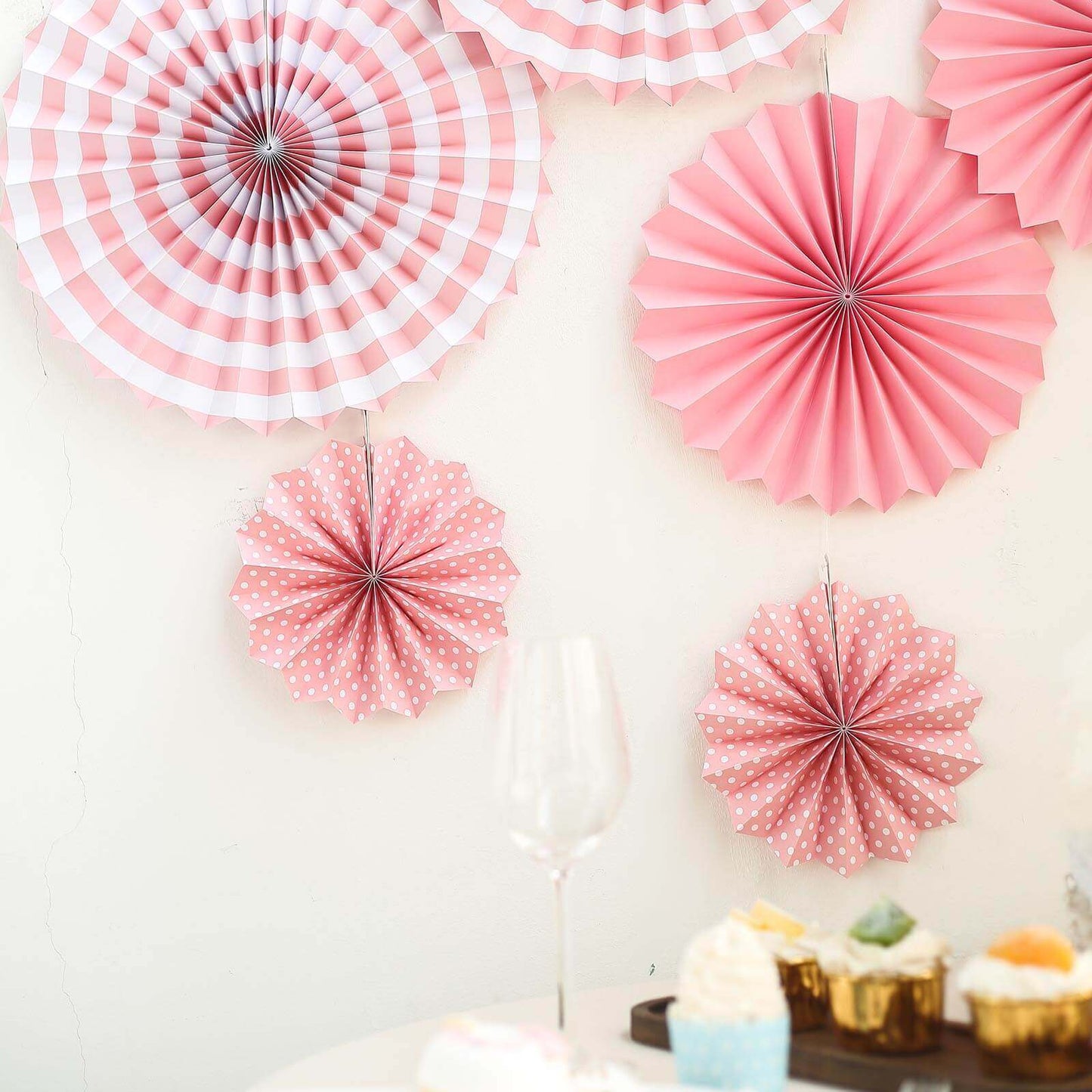 Set of 6 Pink Hanging Paper Fan Decorations, Pinwheel Wall Backdrop Party Kit - 8", 12", 16"