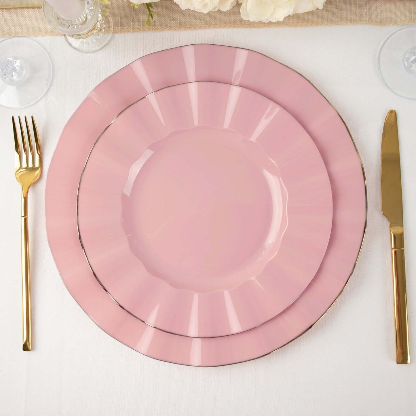 10-Pack Plastic 9" Round Dinner Plates in Dusty Rose Ruffled Rim with Gold Edging - Sturdy Disposable Dinnerware