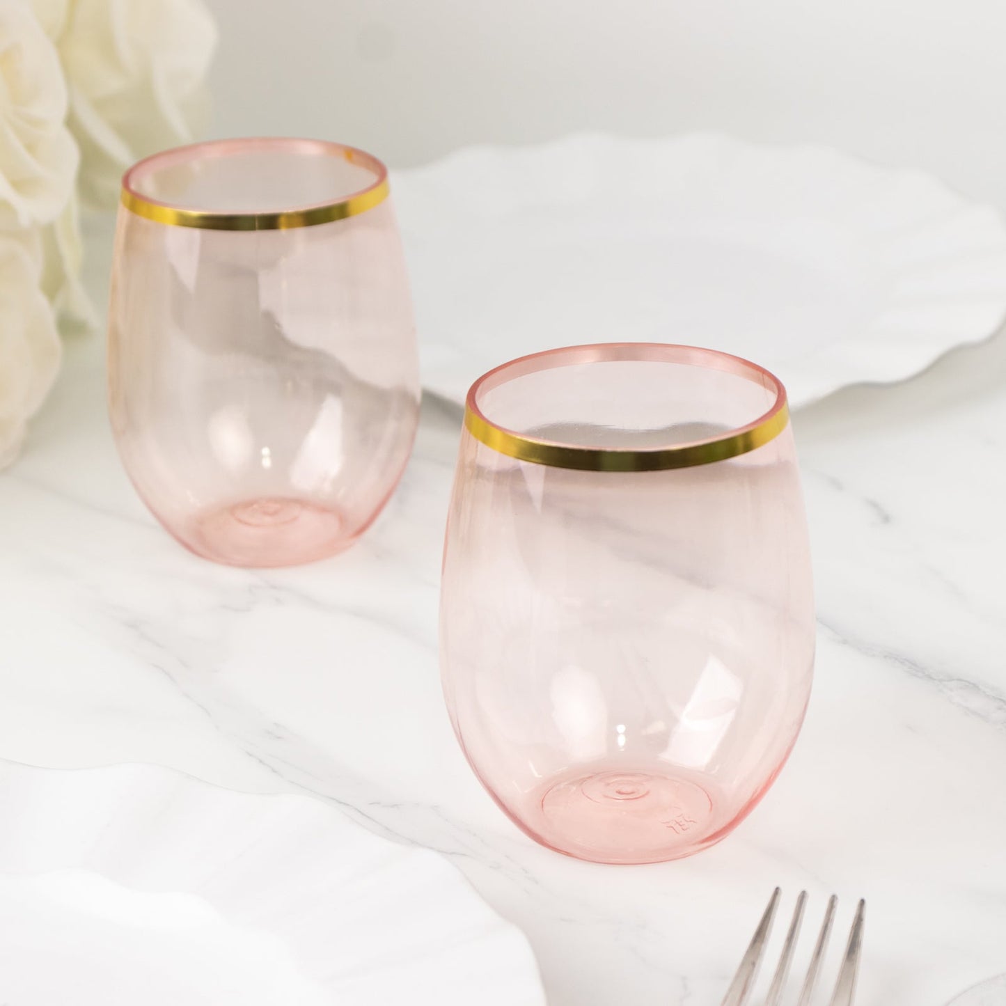 12-Pack Plastic Wine Tumblers Transparent Blush with Gold Rim - Reusable Drinkware 12oz