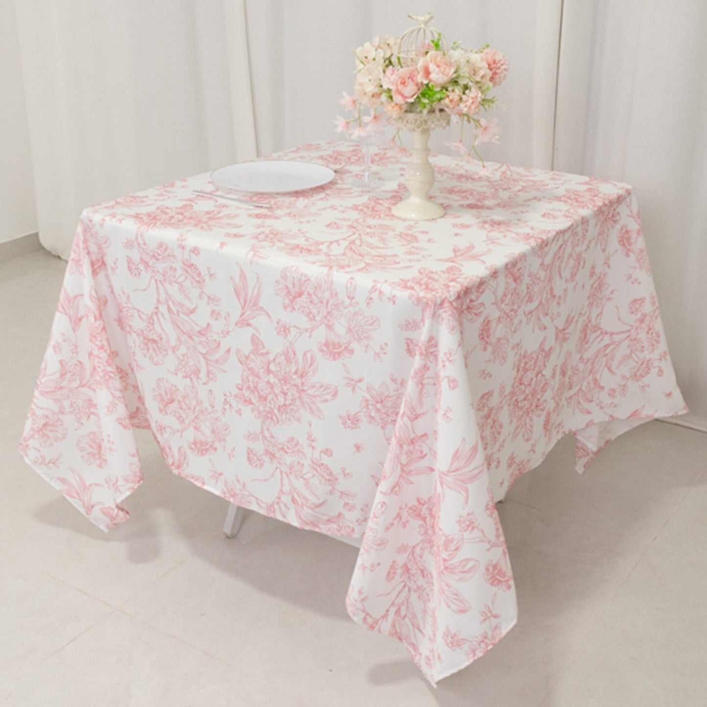 Polyester 70"x70" Square Tablecloth White - Pink French Toile Pattern for Elegant Occasions