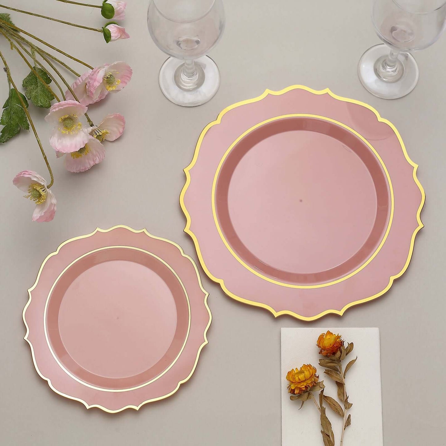 10-Pack Plastic 10" Round Dinner Plates in Dusty Rose with Gold Scalloped Rim - Disposable Party Plates