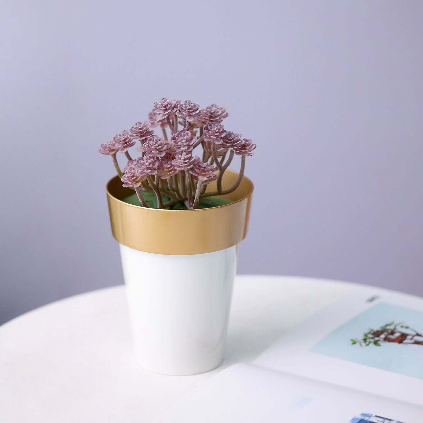 2-Pack Flower Plant Pots Medium Design White with Gold Rim - Plastic Indoor Decorative Planters 6"