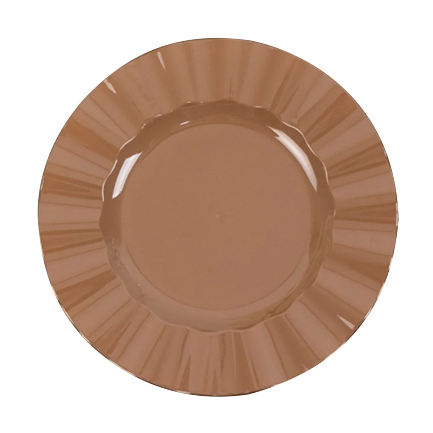10-Pack Plastic 9" Round Dinner Plates in Coffee Brown Ruffled Rim with Gold Edging - Sturdy Disposable Dinnerware