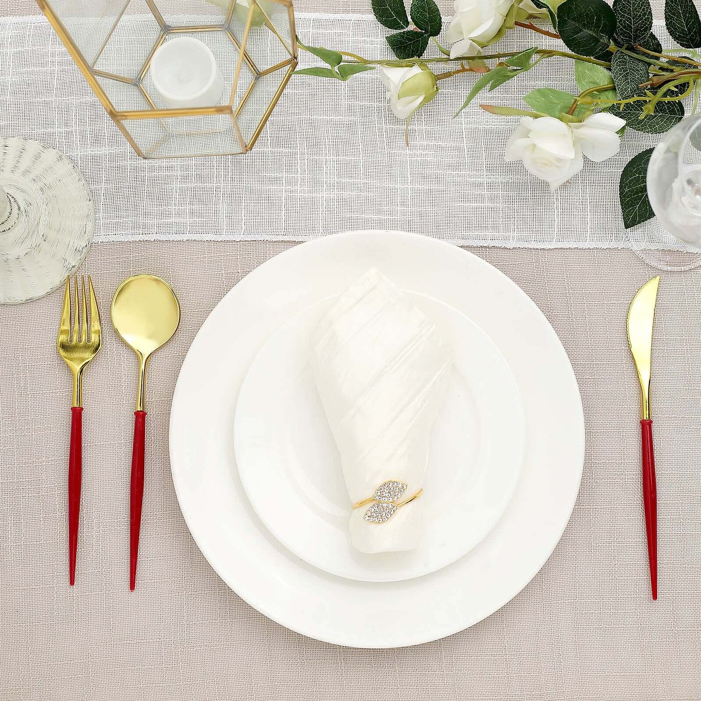 24-Pack Plastic Flatware Set in Metallic Gold with Red Handle - Heavy Duty Disposable Modern Silverware 8"