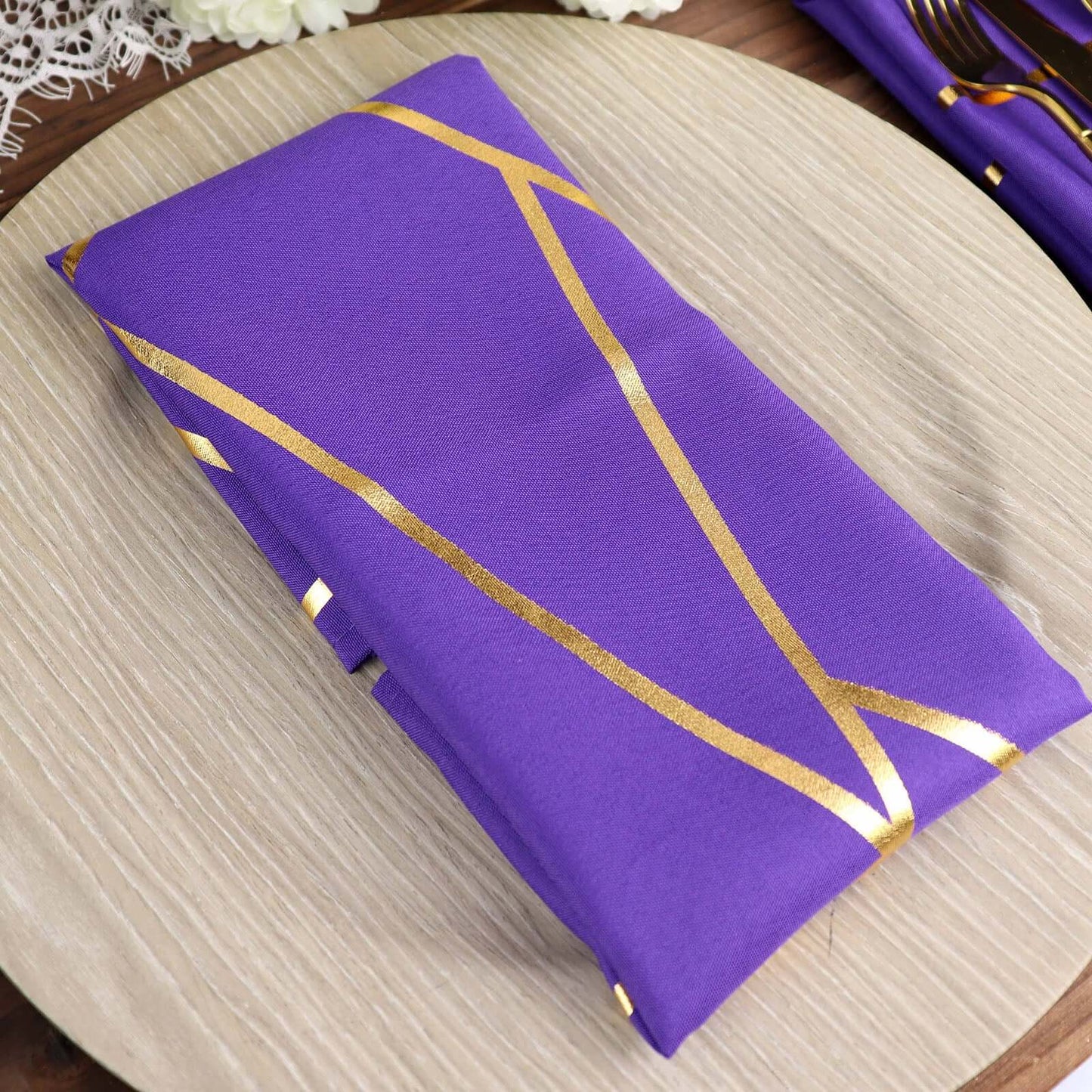 5 Pack Polyester 20"x20" Napkins Purple with Gold Geometric Foil Pattern - Modern Reusable Dinner Napkins