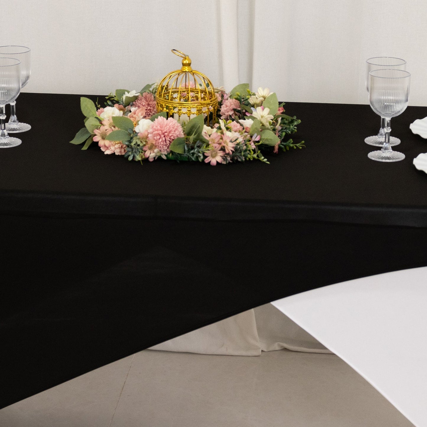 Stretch Spandex 72"x30" Rectangle Table Cover Black/White Cross Over Design - Versatile & Sleek Two-Piece Fitted Tablecloth with Elastic Foot Pockets
