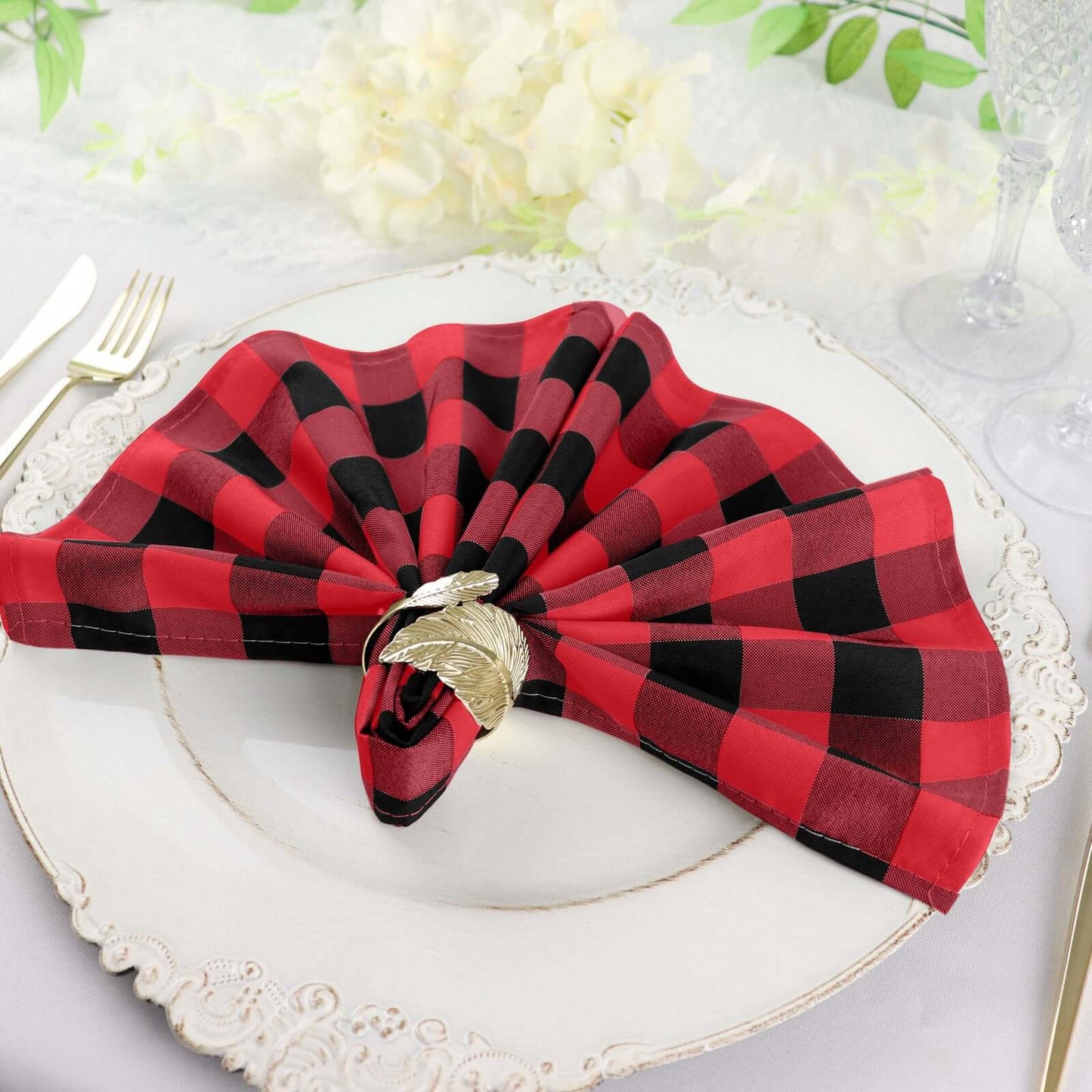 5 Pack Polyester 15"x15" Napkins Black/Red Buffalo Plaid Gingham Style Cloth Napkins