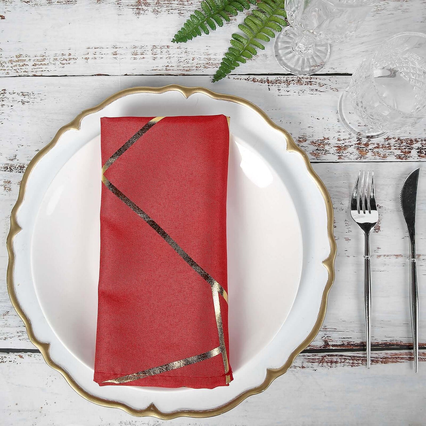 5 Pack Polyester 20"x20" Napkins Red with Gold Geometric Foil Pattern - Modern Reusable Dinner Napkins