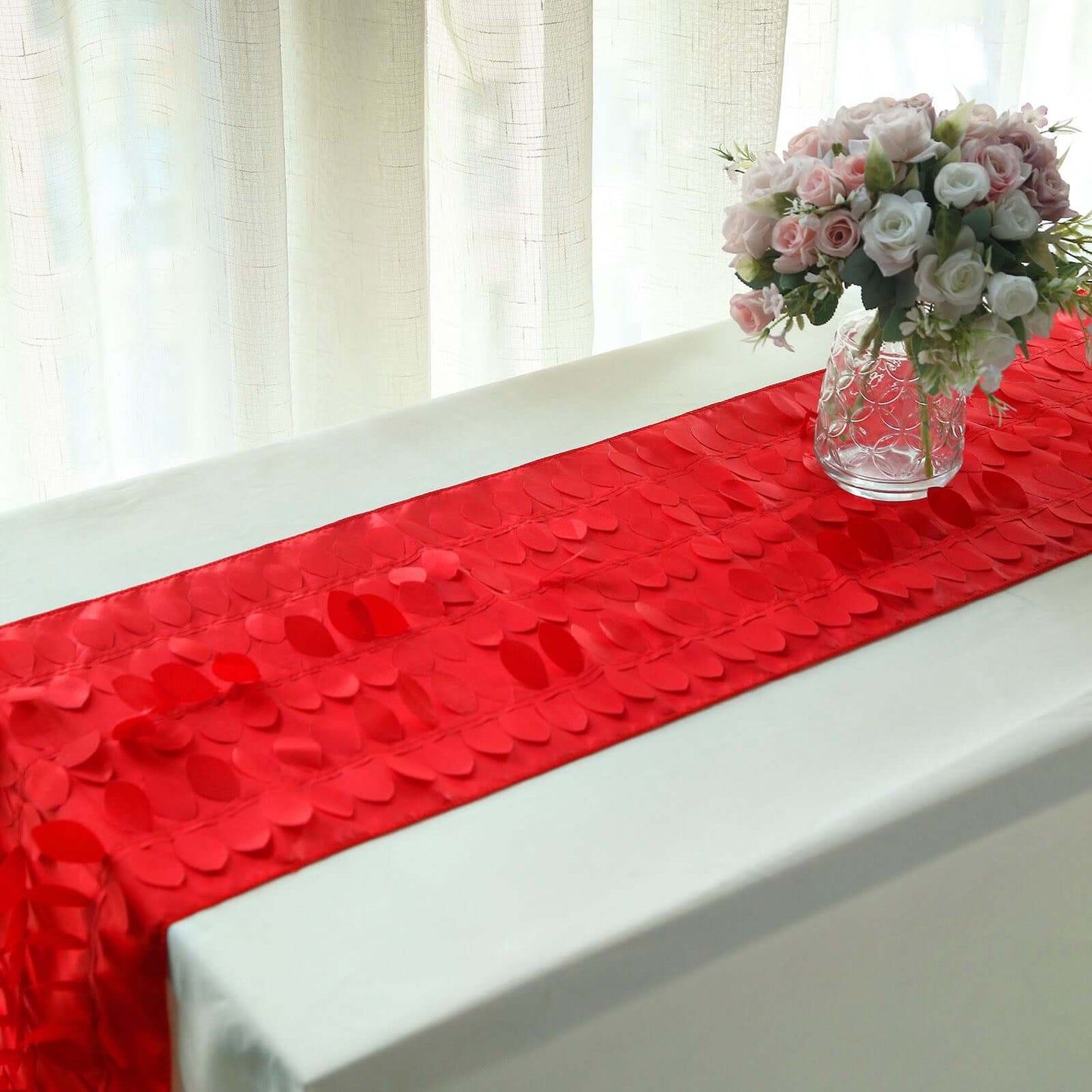 Taffeta Fabric 12"x108" Table Runner Red - 3D Leaf Petal Design