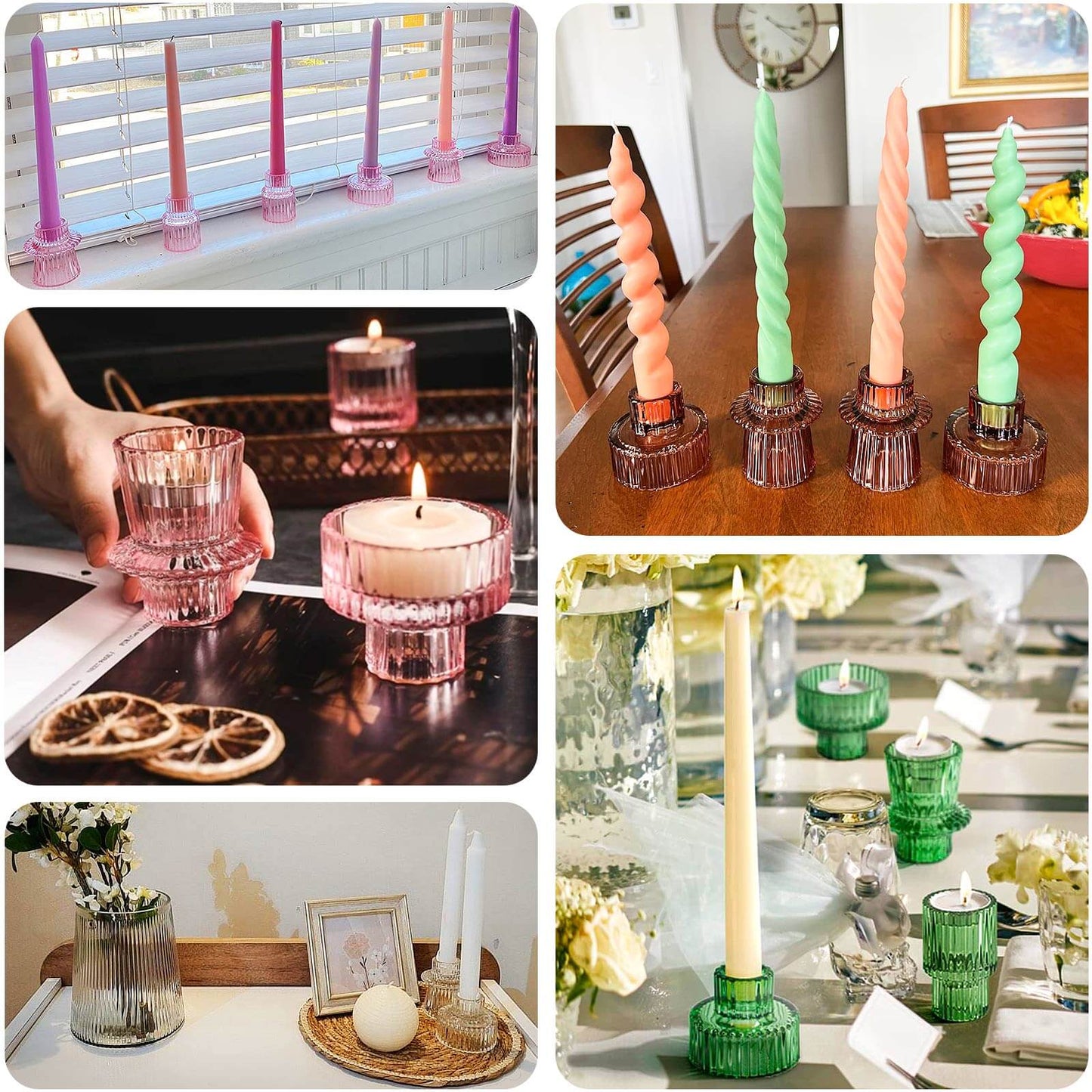 Set of 6 Glass Taper Candle Holders Ribbed Crystal Design Amber Gold - Reversible Mini Votive Tealight Stands 3"