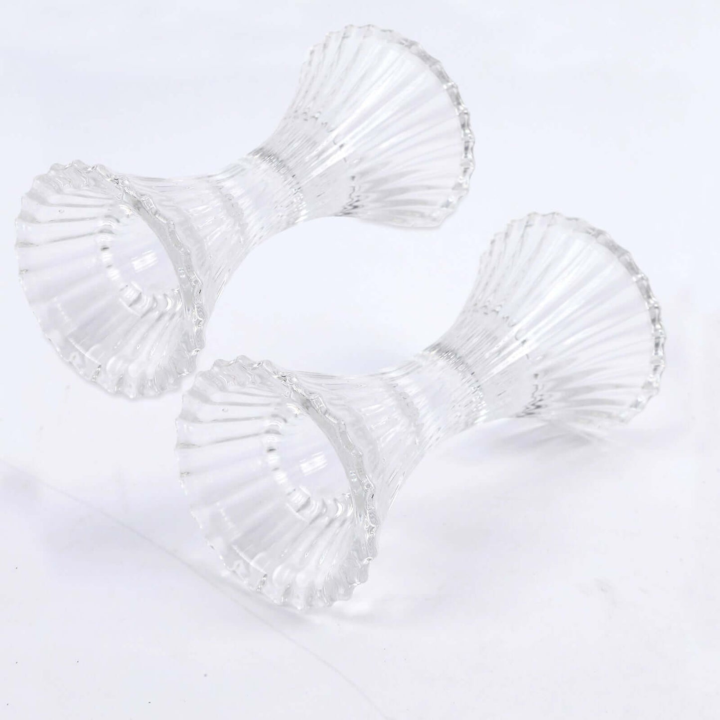 2-Pack Crystal Pillar Candlestick Stands Hour Glass Design with Diagonal Stripes Clear - Reversible Taper Holders 5"