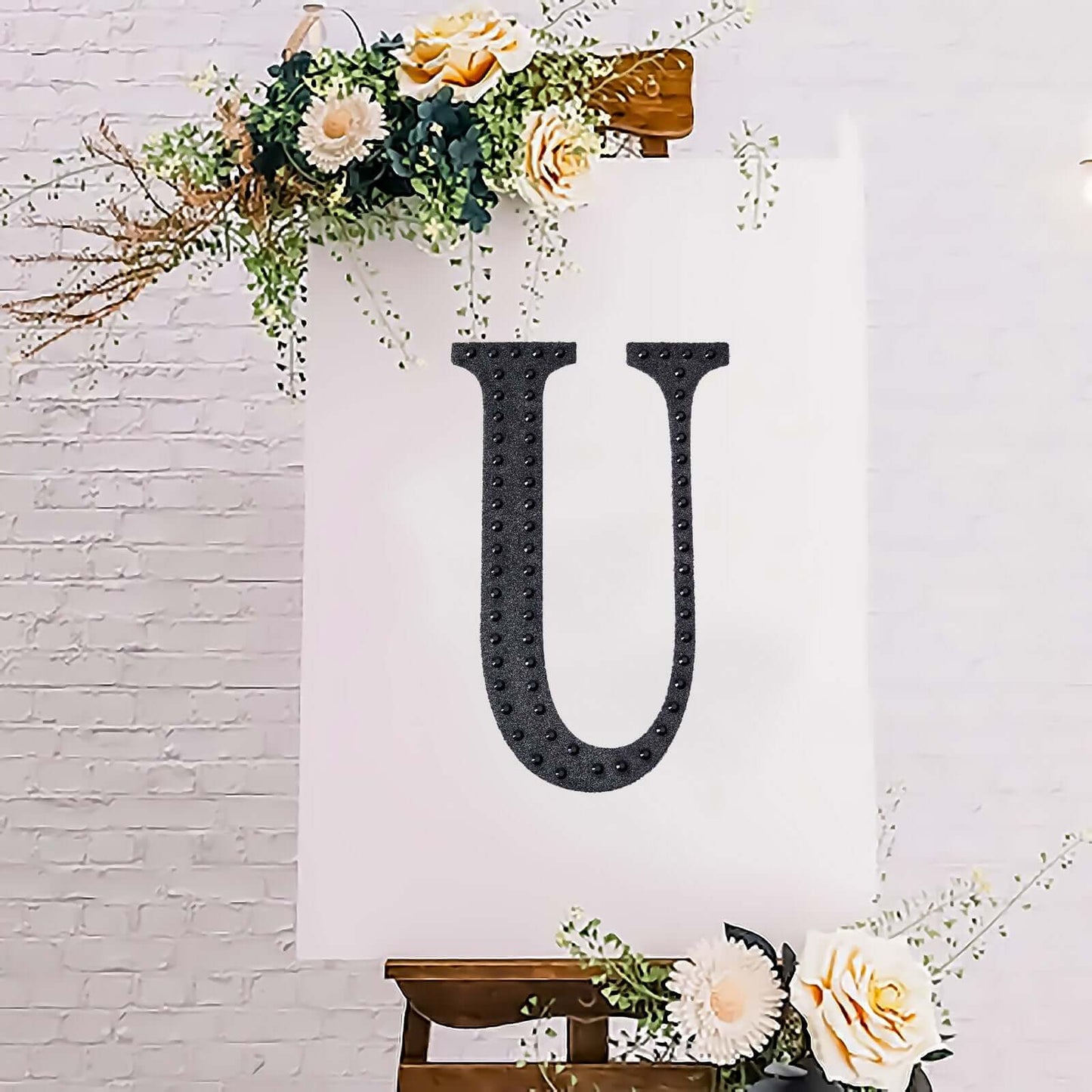 Decorative Rhinestone Alphabet "U" Letter Stickers, Glitter Adhesive Craft Letters Black DIY Sparkle Embellishments 8"
