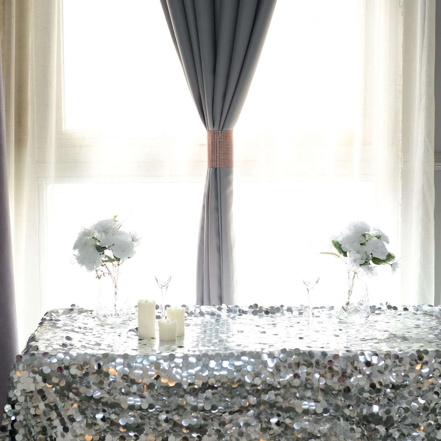 4 Pack Rose Gold Rhinestone Mesh Velcro Backdrop Curtain Bands, Large Chair Sash Clip Tie Backs - 5"X10"