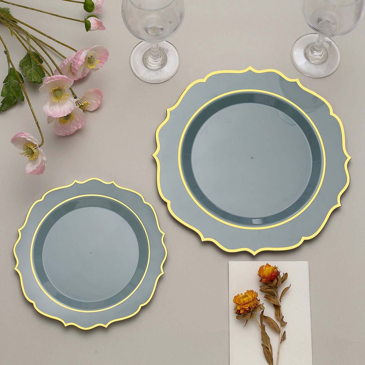 10-Pack Plastic 8" Round Dessert Plates in Dusty Blue with Gold Scalloped Rim - Disposable Appetizer/Salad Plates