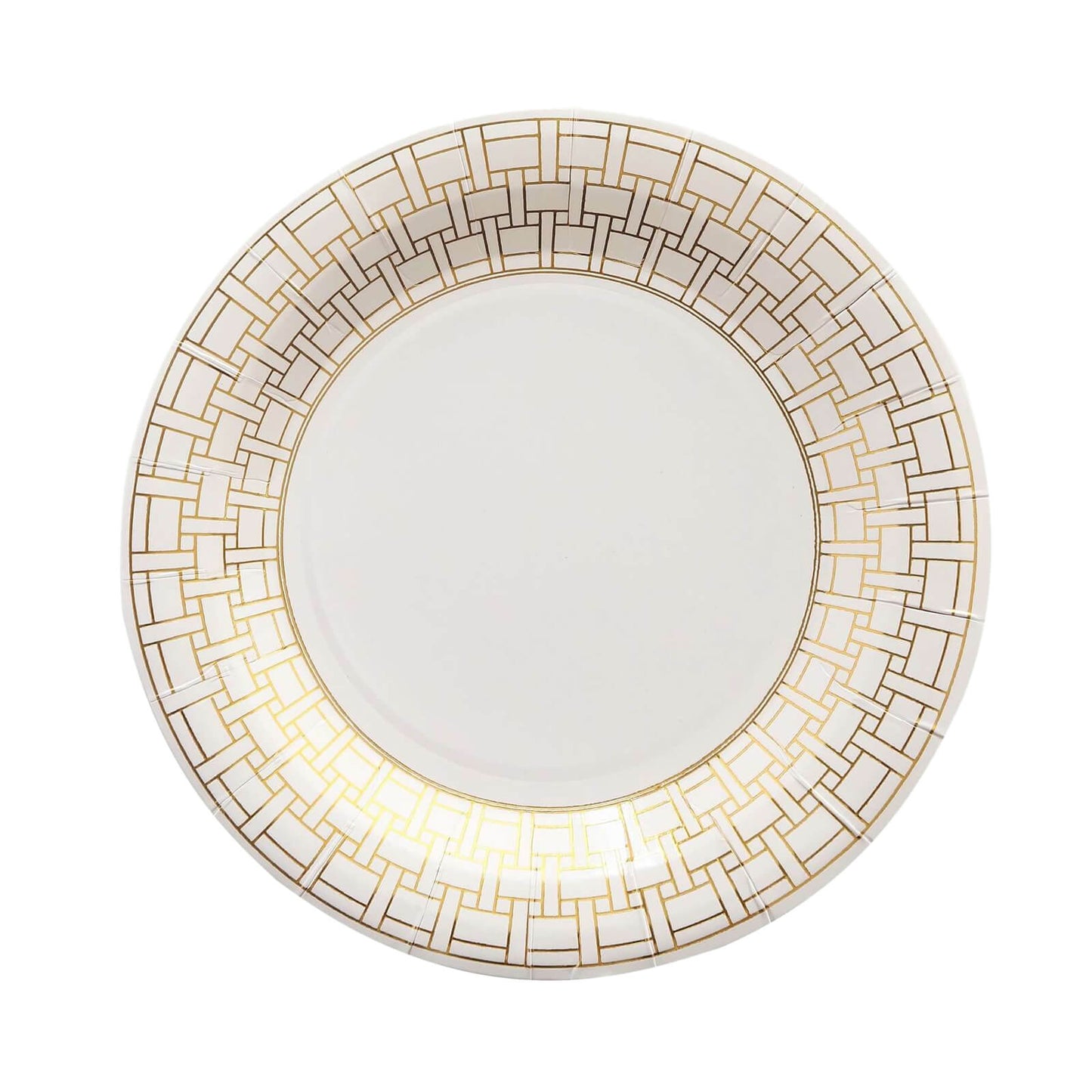 25-Pack Paper 9" Round Dinner Plates in White with Gold Basketweave Rim - Disposable Party Plates for Stylish SoirÃ©es & Festive Brunches