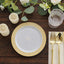 10-Pack Plastic Round Dessert Plates 7" White with Beige Gold Spiral Rim - Disposable Salad Plates