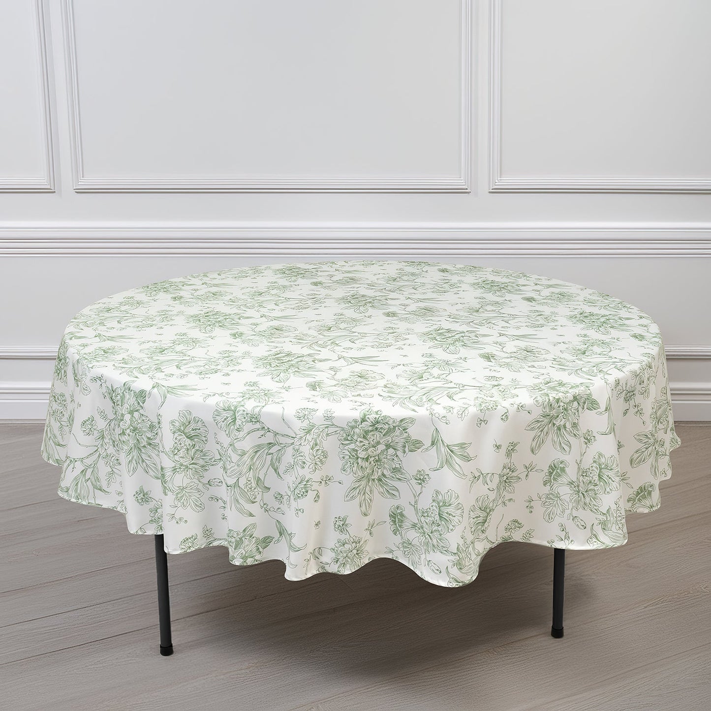 Polyester 90" Round Tablecloth White - Dusty Sage Green French Toile Pattern for Chic Weddings