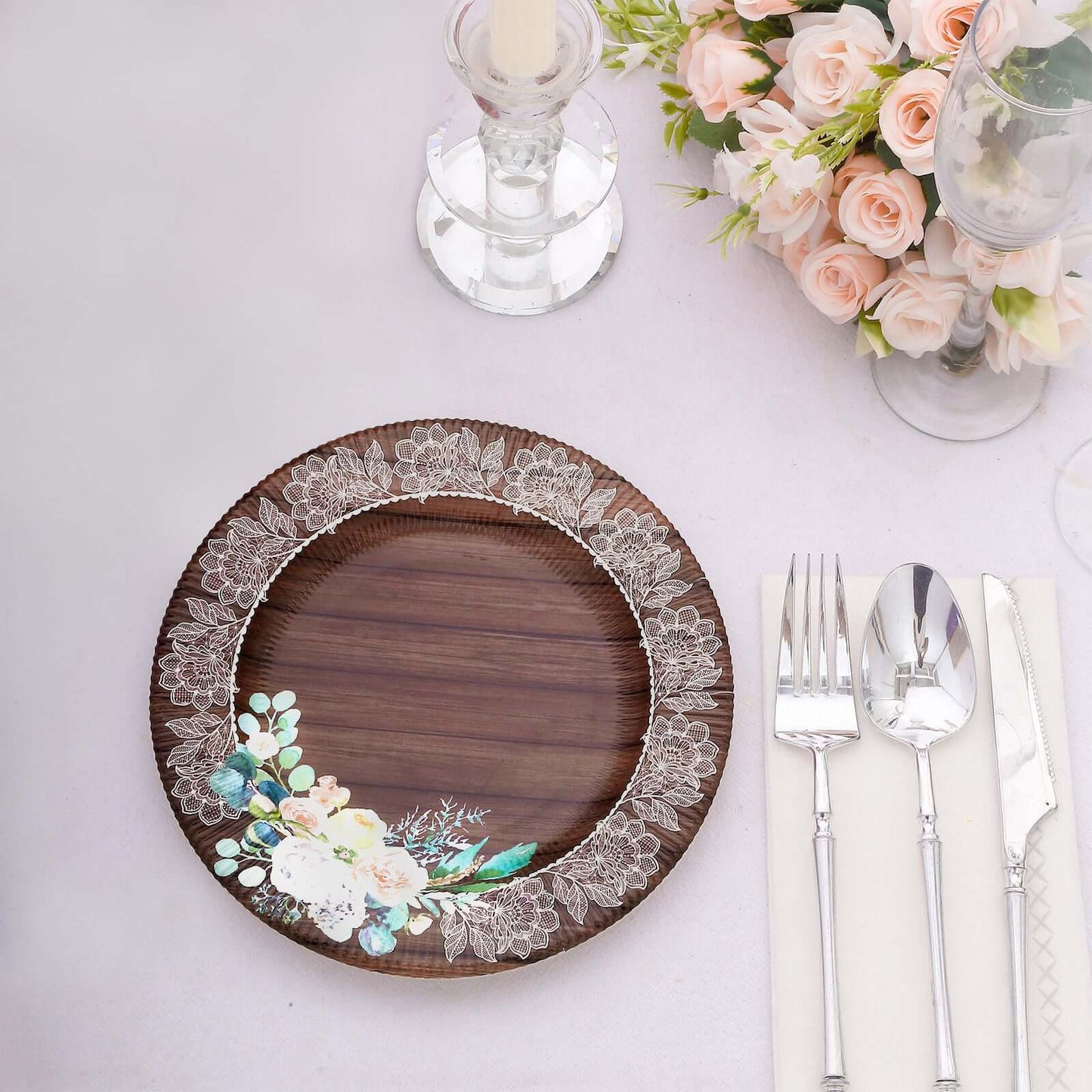 25-Pack Disposable Round Charger Plates in Brown Rustic Wood Print with Floral Lace Rim - Durable Paper Chargers for Rustic Themes & Outdoor Events 13"