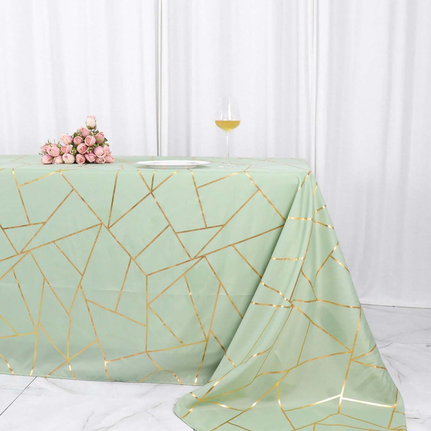 Polyester 90"x156" Rectangle Tablecloth Sage Green Seamless with Gold Foil Geometric Pattern - Wrinkle-Resistant Seamless Table Cover for Sophisticated Events
