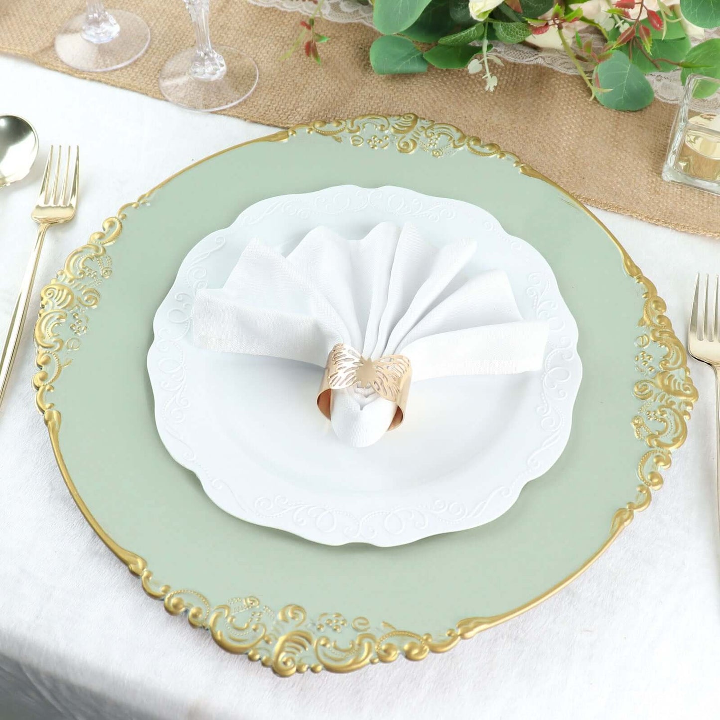 6-Pack Acrylic Round Charger Plates 13" in Sage Green with Gold Embossed Baroque Rim, Antique Decorative Dinner Party Charger Tableware