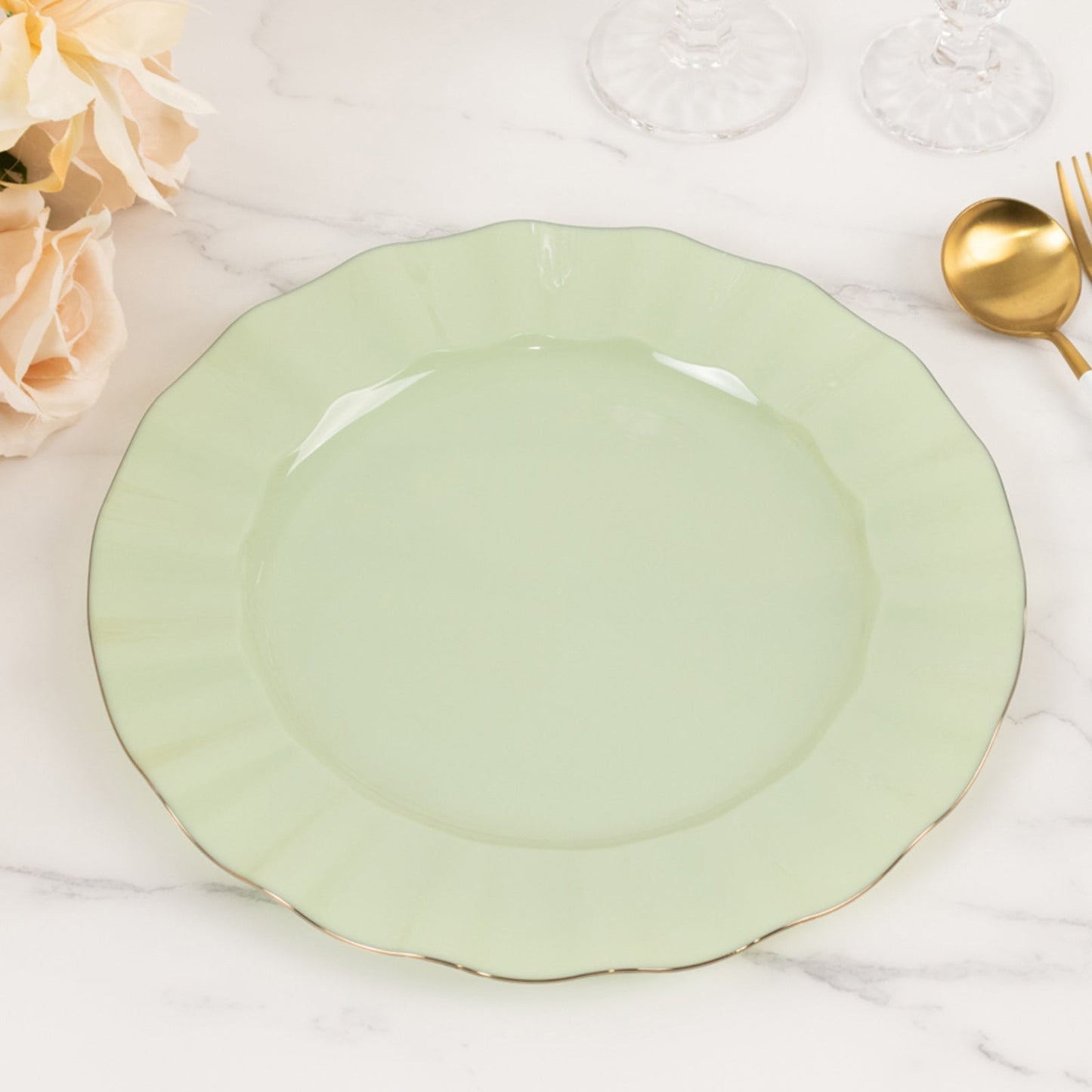 10-Pack Plastic 11" Round Dinner Plates in Sage Green Ruffled Rim with Gold Edging - Sturdy Disposable Dinnerware