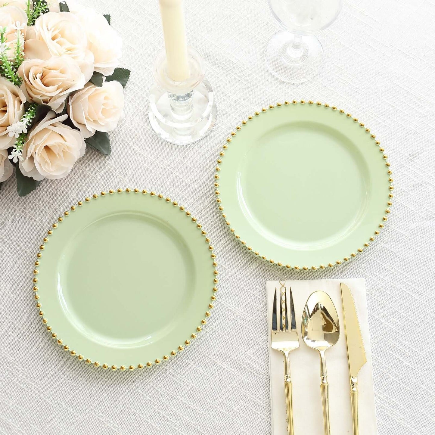 10-Pack Sage Green Plastic Dessert Plates â€“ 8" Round with Gold Beaded Rim, Disposable for Parties & Events