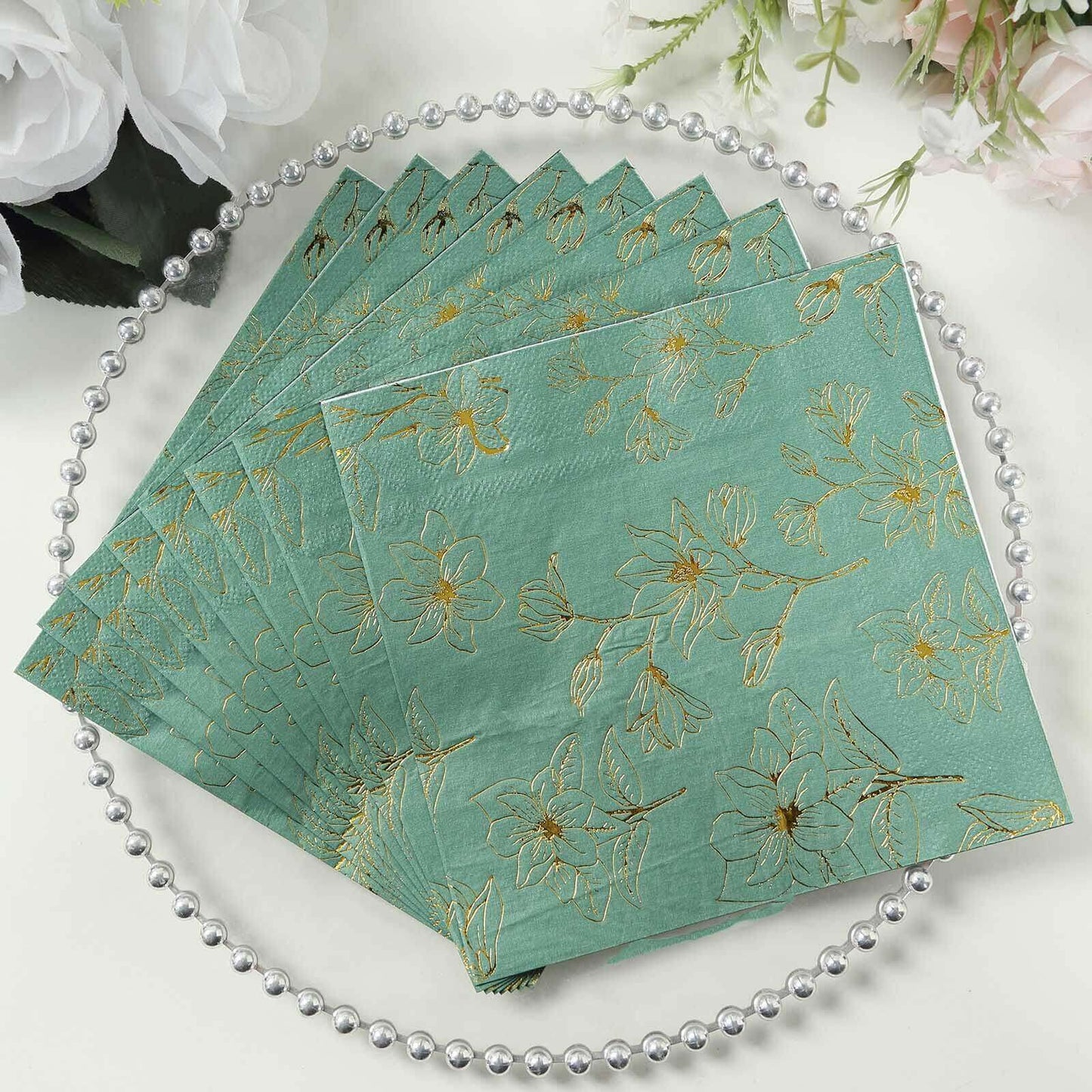 50-Pack Paper Cocktail Napkins with Gold Magnolia Flowers Print Dusty Sage Green - Highly 2 Ply Absorbent Soft Napkins for Beverages