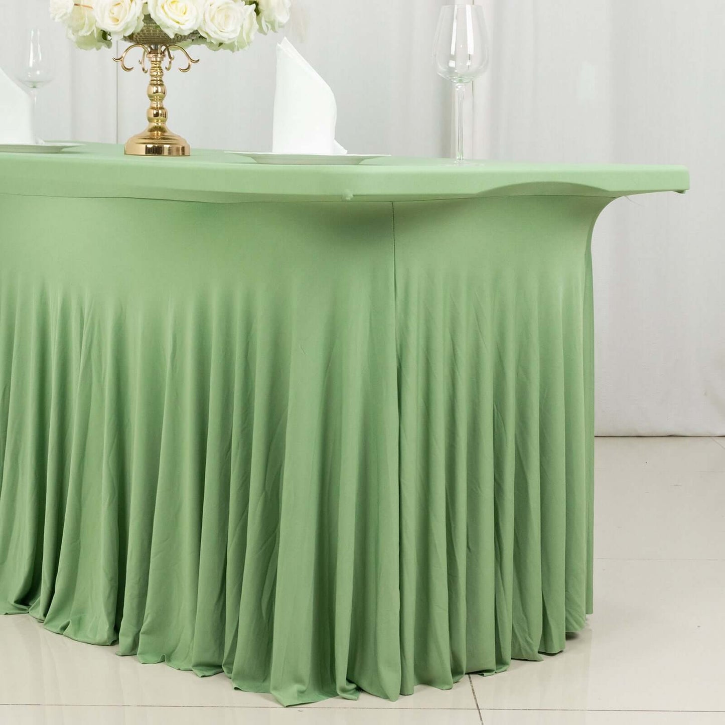 Spandex Rectangle 72"x30" Table Skirt Sage Green with Wavy Skirt-Like Effect Table Cover