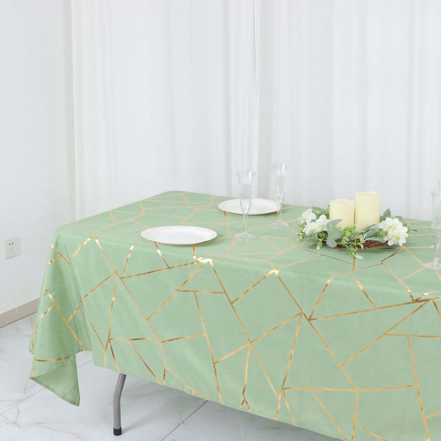 Polyester 60"x102" Rectangle Tablecloth Sage Green with Gold Foil Geometric Pattern - Wrinkle-Resistant & Durable Table Cover