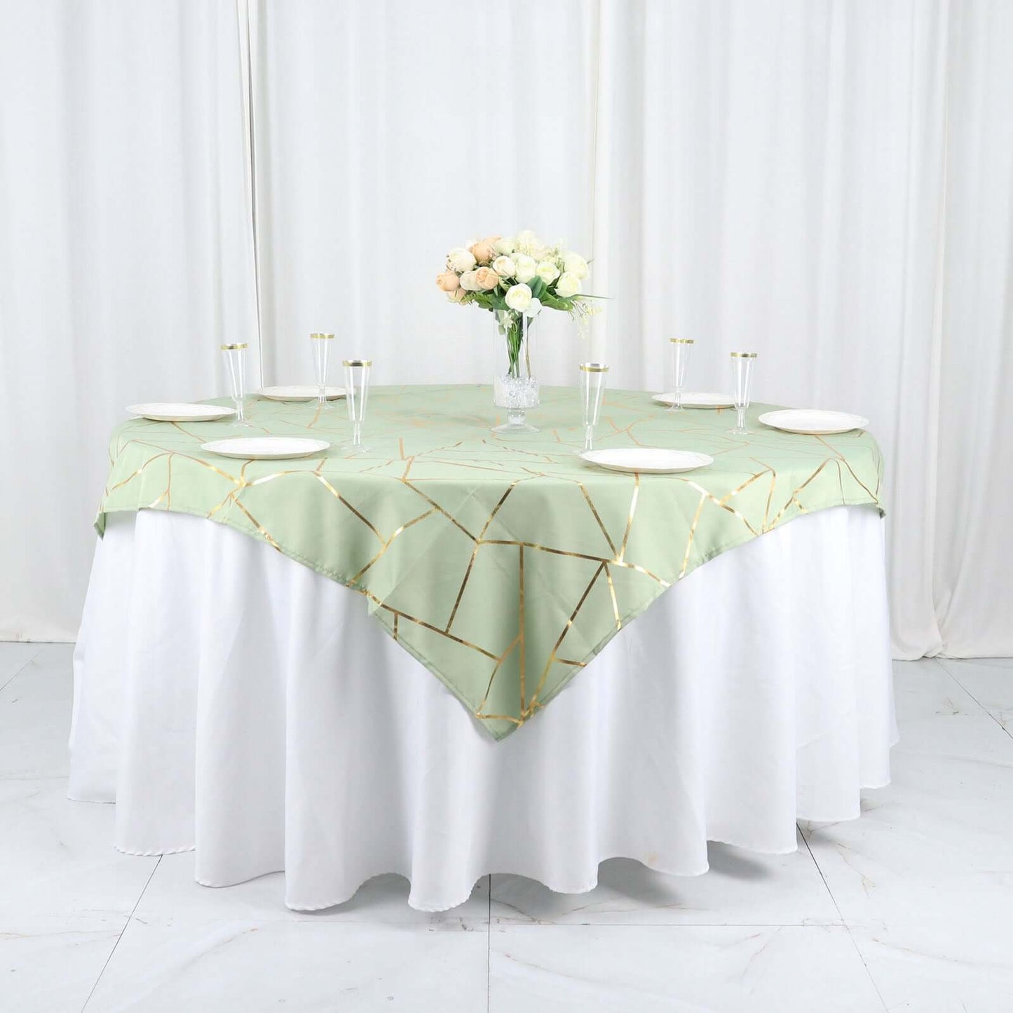 Polyester 54"x54" Table Overlay Square Tablecloth Sage Green with Gold Foil Geometric Pattern - Wrinkle-Resistant & Durable for Stylish Settings