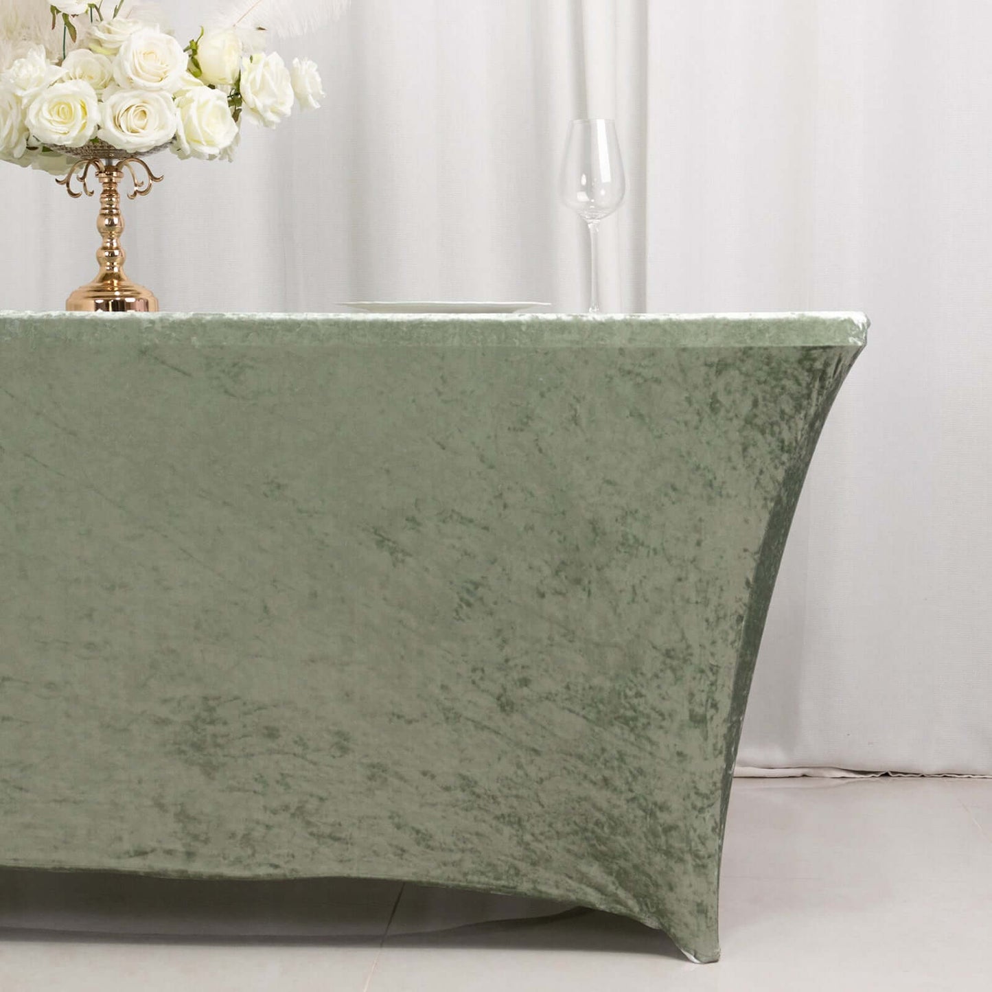 Crushed Velvet Fitted Rectangular 6ft Table Cover Sage Green - Wrinkle-Free Stretchy Tablecloth