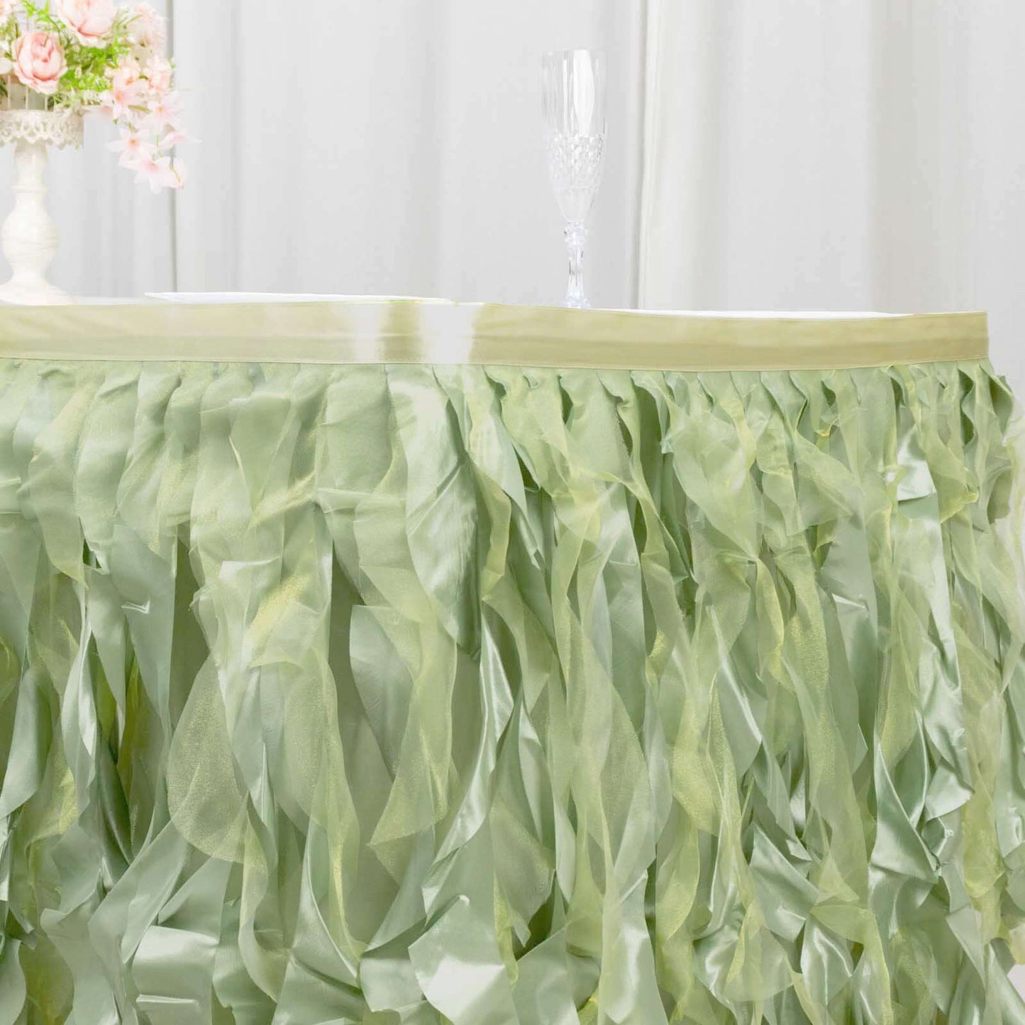 Taffeta 14ft Table Skirt Sage Green - Cascading Curly Willow Style Table Cover