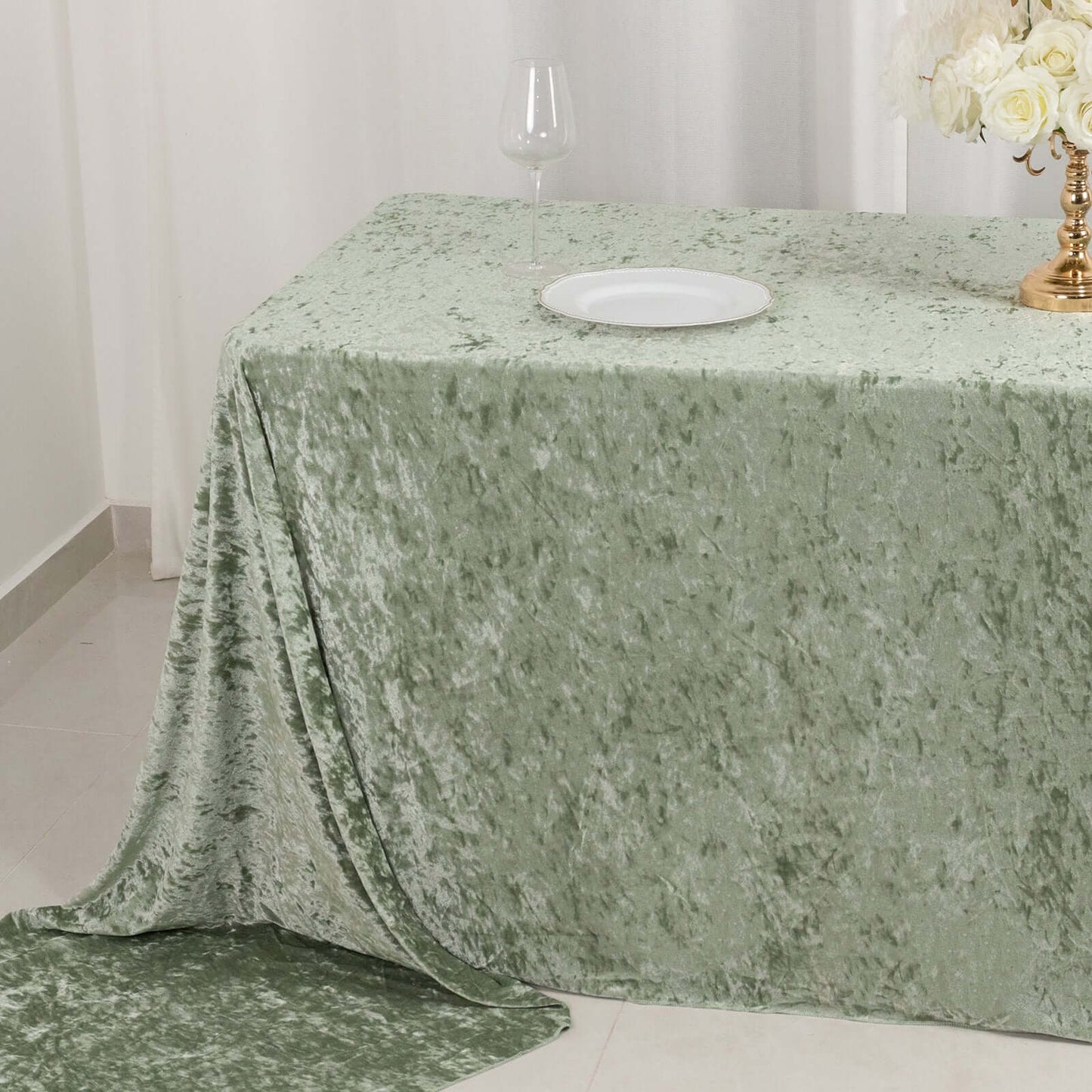 Premium Crushed Velvet 90"x156" Rectangle Tablecloth Sage Green - Reusable Soft Seamless Table Cover