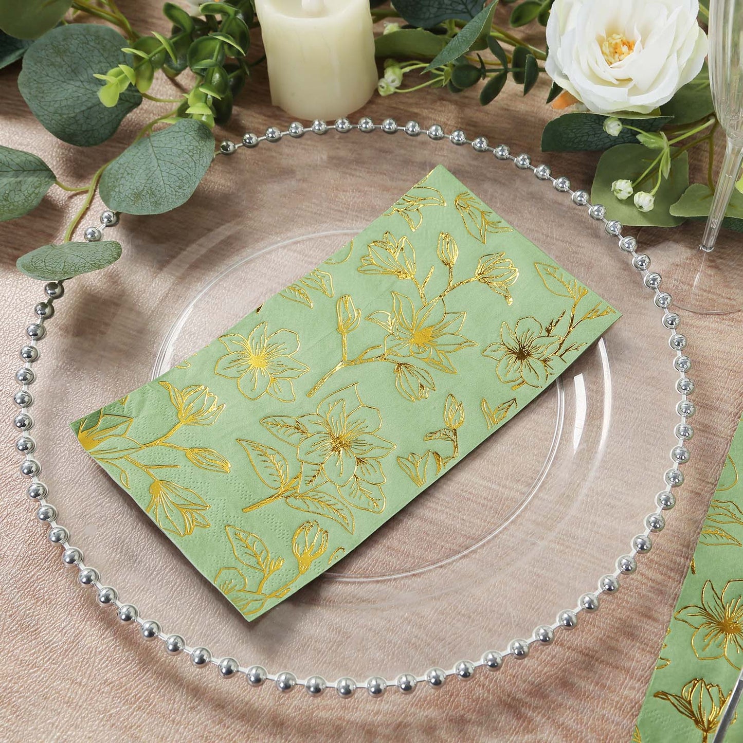 50-Pack Paper Dinner Napkins Sage Green with Gold Magnolia Flowers Print 2-Ply - Disposable Soft Napkins for Parties