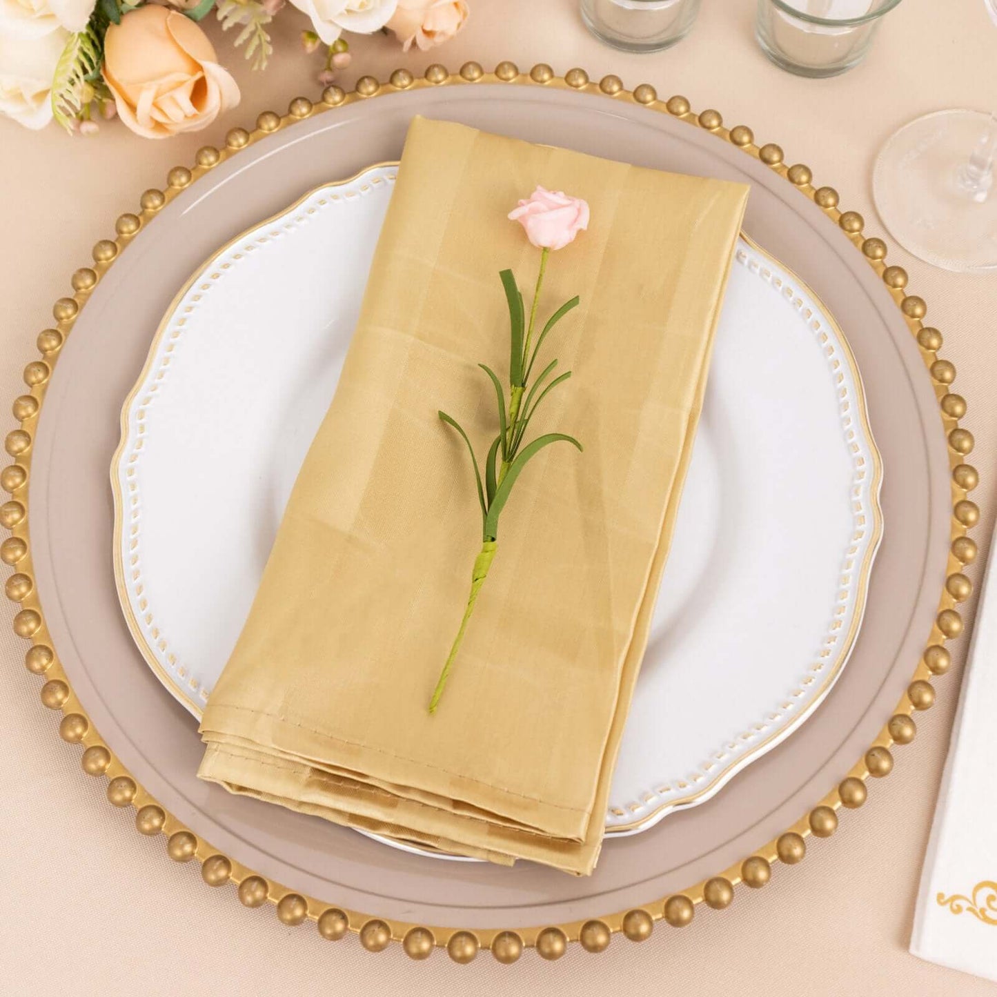 5 Pack Satin 20"x20" Napkins Champagne Glossy Stripes - Durable & Wrinkle-Free Cloth Napkins